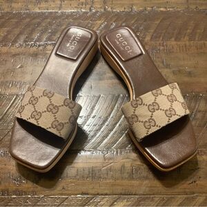 Vintage Gucci GG Monogram Canvas Slide Sandals Wood Platform Sz 36 US 6 Y2K